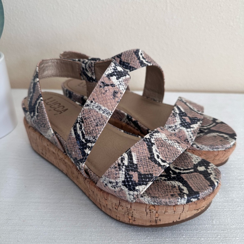 Lucca Lane Olympia Taupe Snake Faux Leather Cork Platform Sandals Women’s 7.5M